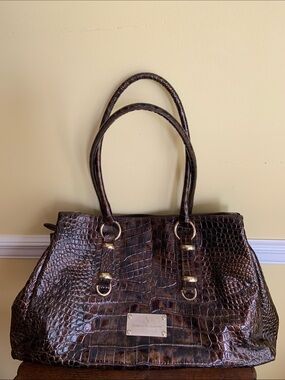 Marco Buggiani Croc-Embossed Genuine Leather Chocolate Brown Handbag